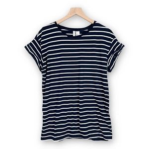 Divided Womens Striped Folded Short Sleeves TShirt Small Navy Stretch
